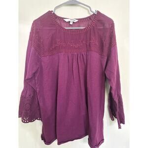 Sonoma Embroidered Boho Blouse Size 1X Plum Bell Sleeve Top